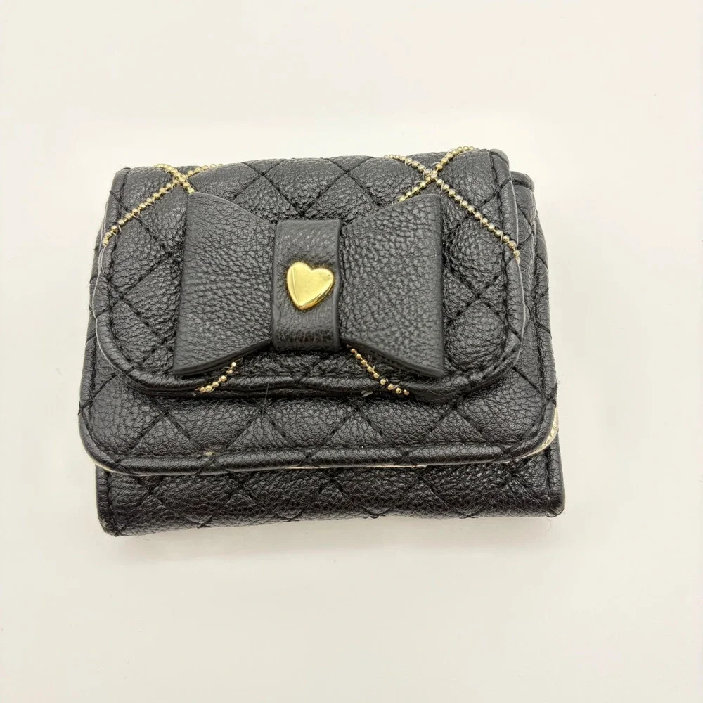 Betsey Johnson Black Quilted Trifold Wallet Bow Heart Gold Metallic Interior